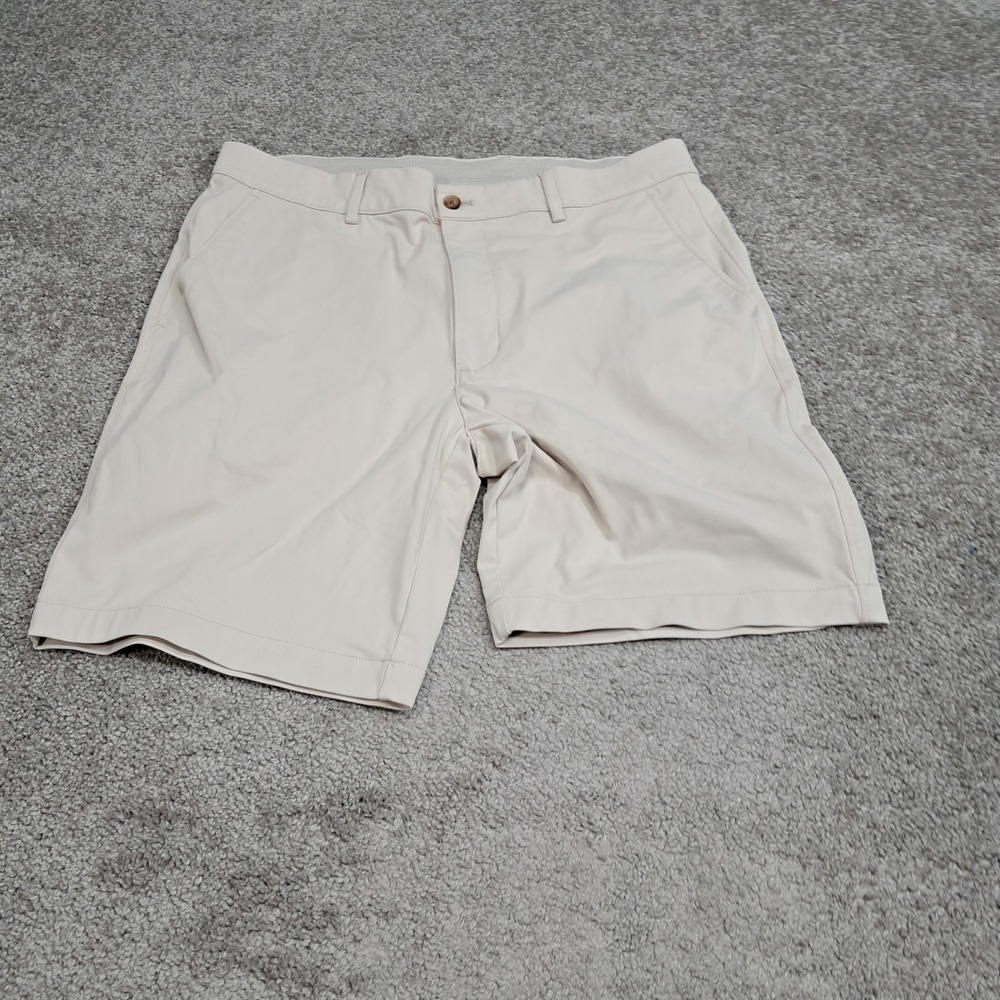 Greg Norman Mens Shark Golf Shorts Tan Khaki Flat Front Performance Size 34